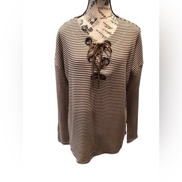 Coverstitched Medium Brown White Striped Lace-Up Women's Top L/S Tie Front - Picture 1 of 5